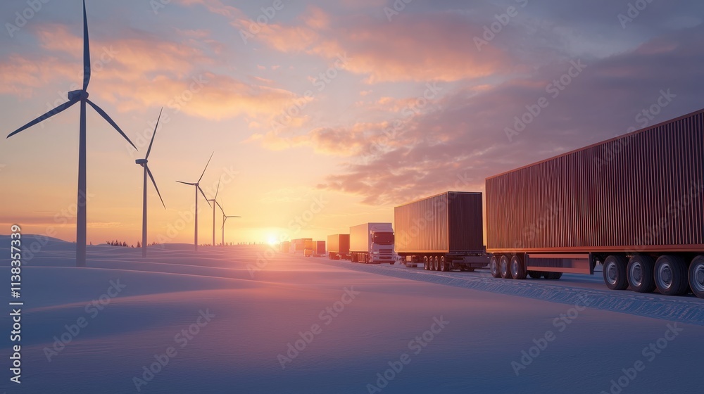 Obraz premium Warehouse management with logistics scheduling. Trucks parked in snowy landscape with wind turbines against a vibrant sunset sky, reflecting a blend of nature and industry.
