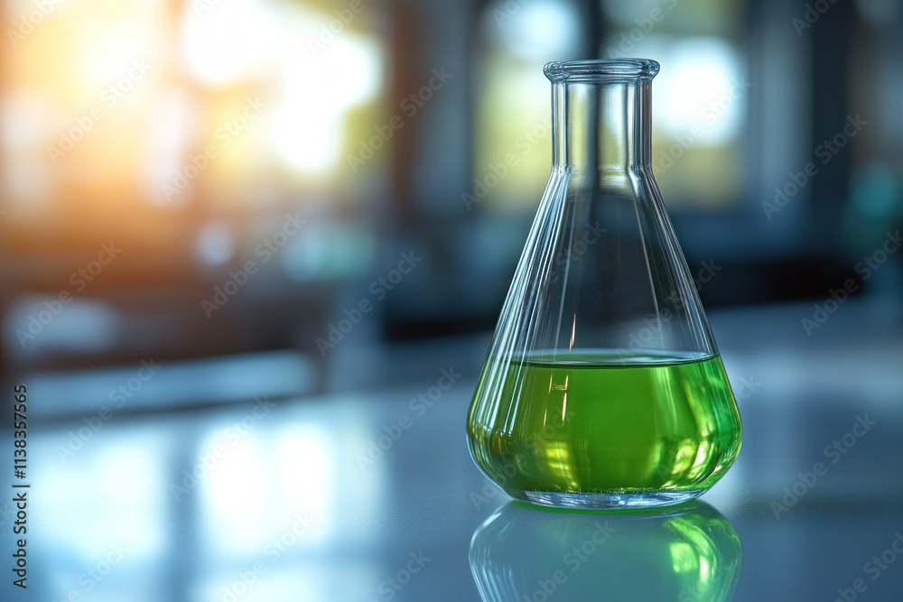 Erlenmeyer flask with green liquid in laboratory. Erlenmeyer flask with green liquid in laboratory.