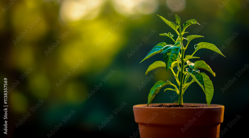 A potted plant of green peppers growing in the garden, with a blurred background. A potted plant of green peppers growing in the garden, with a blurred background.