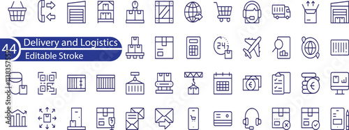 Logistics icon set. Containing distribution, shipping, transportation, delivery, cargo, freight, route planning, supply chain, export and import icons.