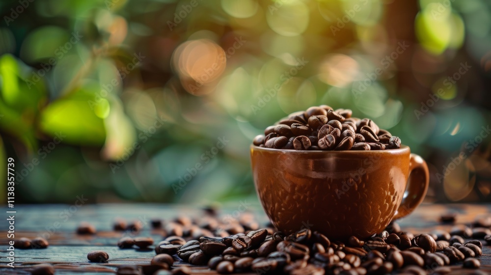 Coffee cup surrounded by roasted beans in a garden setting Coffee cup surrounded by roasted beans in a garden setting