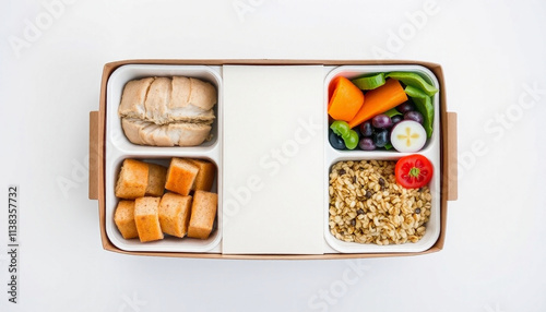 PNG ULTRA HD 8K Diet Box – Balanced Meal with Fresh Ingredients Divided into Compartments, Highlighting Texture and Detail, Resting on a Neutral Background, Ideal for Nutrition, Food Design, Lifestyle