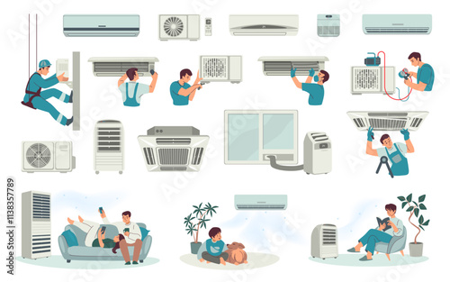 House condition. Air heat. Fan appliance installation. Room ventilation. Climate building. Workman repairing and fixing ventilator. People relaxing under home cooler. Vector concepts set