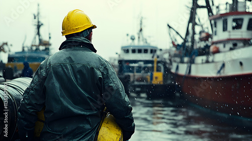 Rainy Harbor Worker Contemplates Future Amidst Ships:  A Dockhand's Solitary Reflection in the Harbor's Downpour.