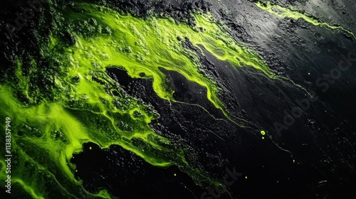 Vivid Green Chemical Spill Flows Across Dark Textured Surface photo