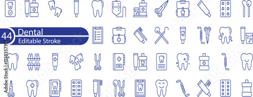 Dental icon set. Containing tooth, dentist, toothpaste, toothbrush, teeth, implant and dentistry icons.