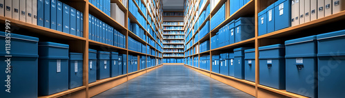 Extensive Archive, Rows of Blue Storage Boxes and Books in a Large Library, Organized and Systematically Arranged