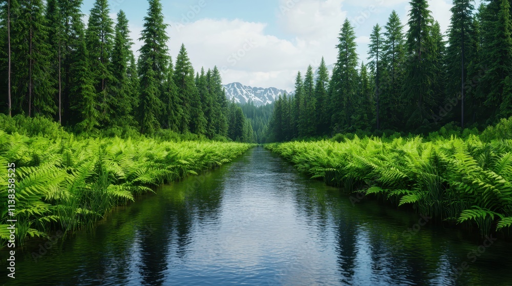 A serene river flows through lush ferns and tall pine trees, framed by distant mountains under a clear blue sky. A serene river flows through lush ferns and tall pine trees, framed by distant mountains under a clear blue sky.