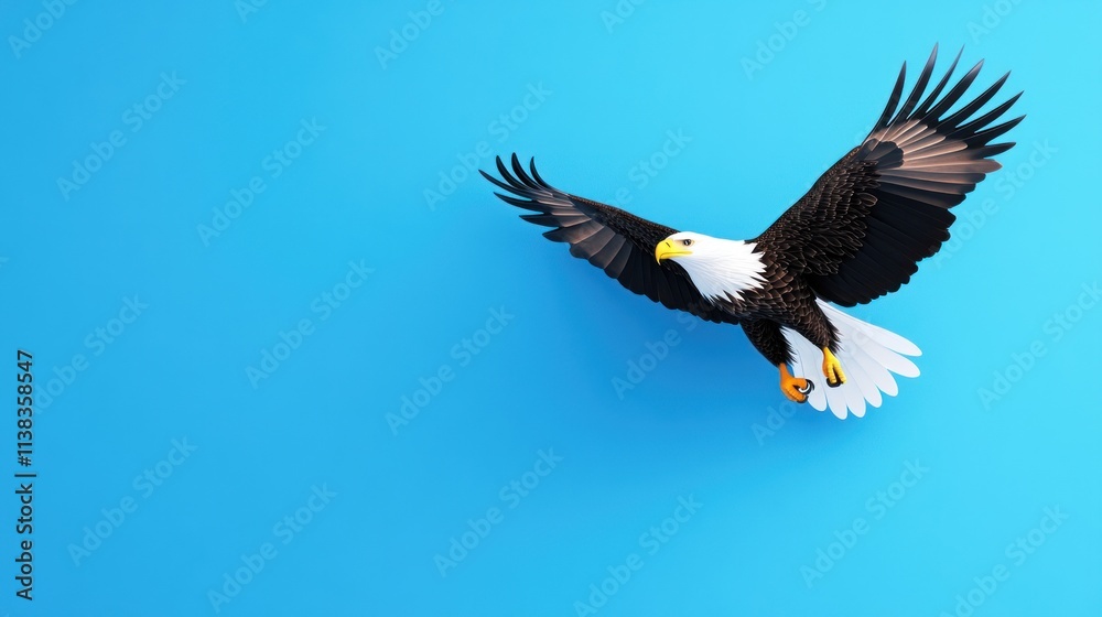 Fototapeta premium A soaring eagle against a bright blue background.