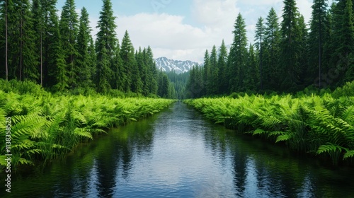 A serene river flows through lush ferns and tall pine trees, framed by distant mountains under a clear blue sky.