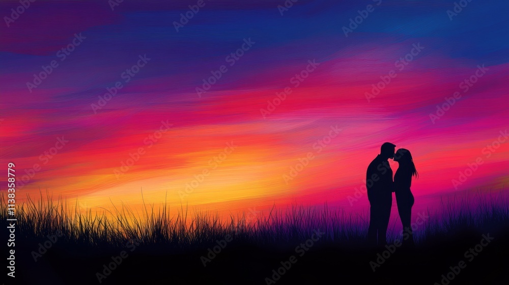 Silhouette of a couple sharing a kiss against a colourful sunset, with copy space Silhouette of a couple sharing a kiss against a colourful sunset, with copy space