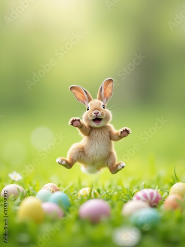 Happy easter bunny jumping over colorful eggs in green grass