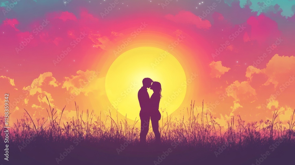 Silhouette of a couple sharing a kiss against a colourful sunset, with copy space Silhouette of a couple sharing a kiss against a colourful sunset, with copy space