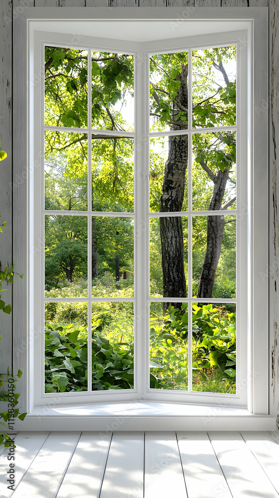 Fototapeta premium Serene Bay Window, Lush Greenery, Sunlight Streaming Through Panes, Illuminating Bright Room
