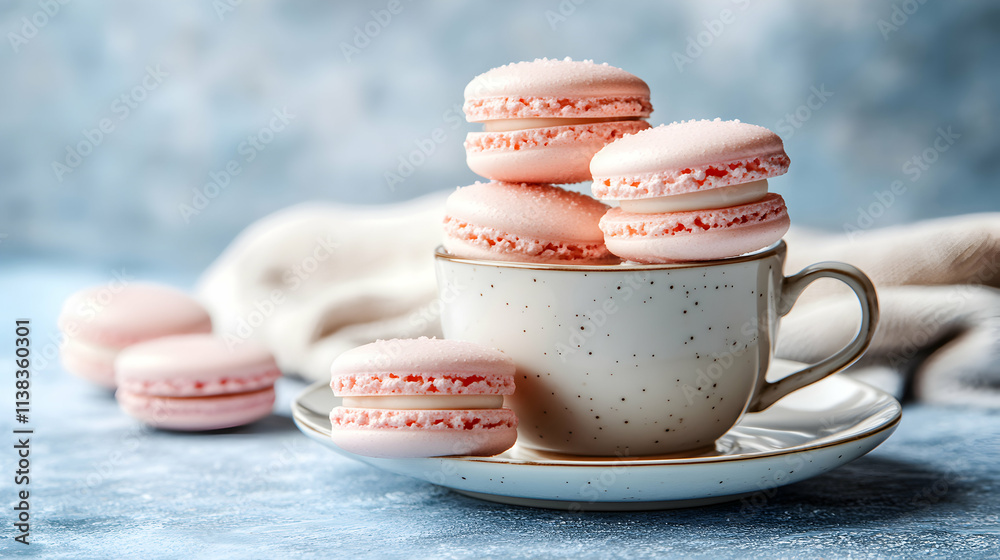 Fototapeta premium Pink Macarons in a Speckled Teacup, Delightful Pastel Treats on a Blue Background