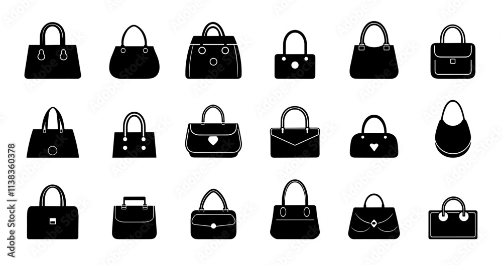 Fototapeta premium Fashion ladies bag icons set. Clutch arm bag types. Front view. Handbag wallet purse tote hobo symbol. Leather woman accessories. Simple black and white flat style isolated vector clipart collection