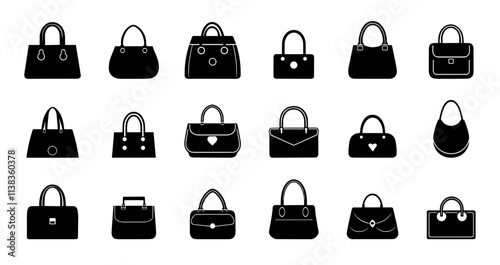 Fashion ladies bag icons set. Clutch arm bag types. Front view. Handbag wallet purse tote hobo symbol. Leather woman accessories. Simple black and white flat style isolated vector clipart collection