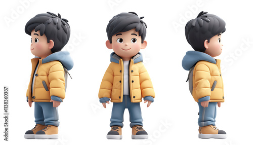 A 3D cartoon-style boy wearing a yellow puffer jacket, light blue hoodie, and matching pants, shown in front, side, and back views, with a cheerful expression, provided as a transparent PNG.