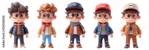 A group of 3D cartoon-style boys with glasses, each wearing a unique winter outfit featuring jackets, scarves, and hats in various colors, displayed in a row, provided as a transparent PNG.