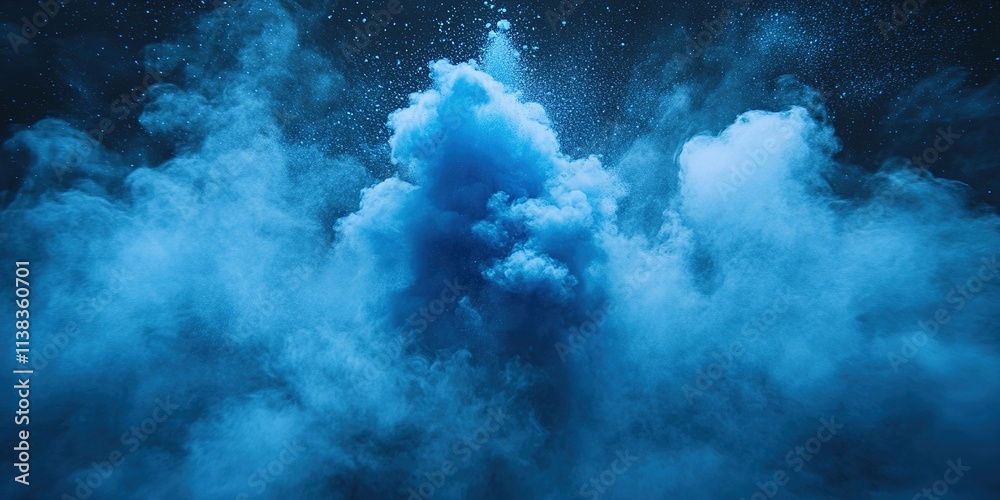 Mysterious blue smoke clouds swirl and dance against a dark background, creating an ethereal atmosphere in a surreal setting