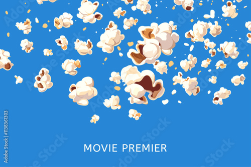 Flying popcorn flakes background on blue backdrop. Movie cinema film premier advertisement banner with place for text. Sweet or salty popping corn snack. Event performance poster. Cartoon style vector