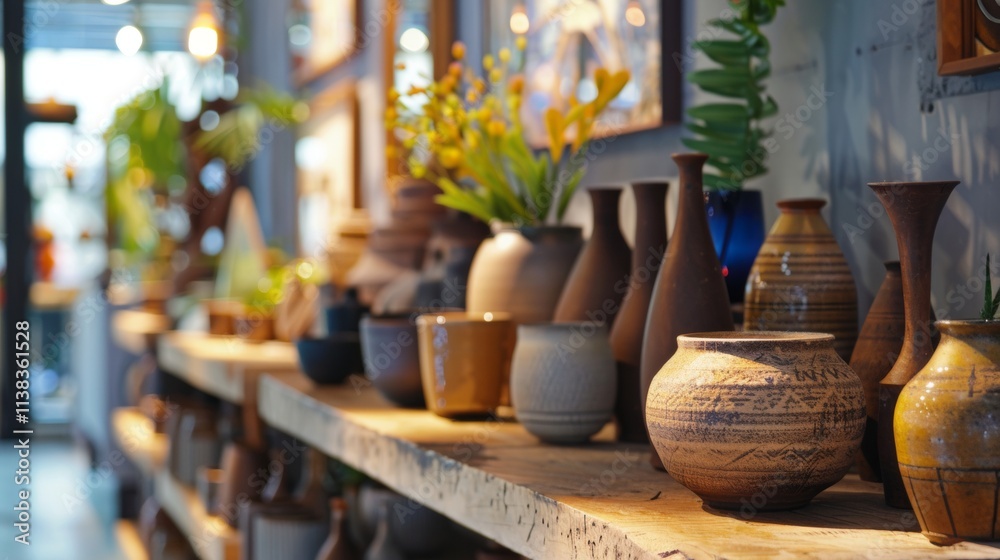 Rustic pottery on a wooden shelf with natural decor Rustic pottery on a wooden shelf with natural decor