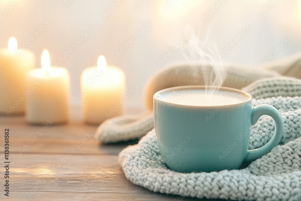 Warm cup of coffee surrounded by candles on a cozy blanket inviting relaxation and comfort in a peaceful setting Warm cup of coffee surrounded by candles on a cozy blanket inviting relaxation and comfort in a peaceful setting