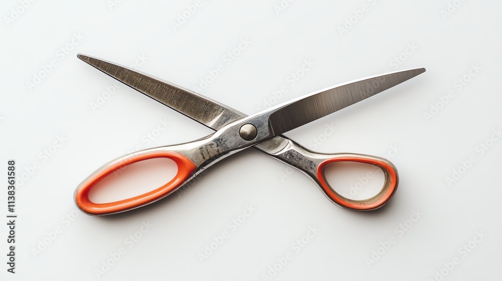 Scissors with orange handles on a white isolated background. Scissors with orange handles on a white isolated background.