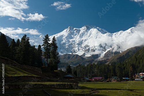 View of Rakhiot Peak 7,070 meters, Nanga Parbat 8,125 meters and Ganalo Peak 6,606 meters from Fairy Meadows. Rakhiot Valley. Himalayas. Gilgit-Baltistan region. Pakistan. Asia. photo