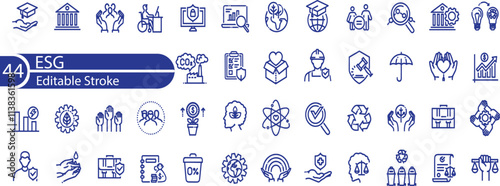 ESG Environmental Social Governance concept editable stroke outline icons set isolated on white background flat vector illustration.