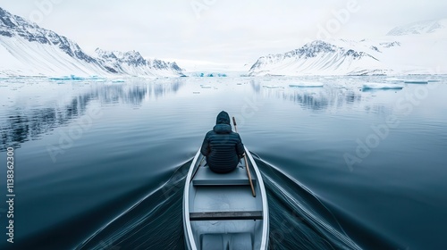 A solo sailor drifting through an icebergfilled ocean, highlighting solitude and danger photo