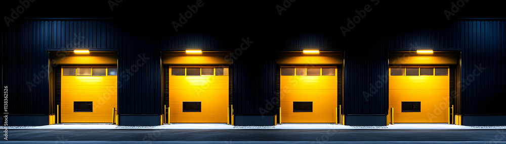 Fototapeta premium Night View of Four Illuminated Yellow Industrial Doors on a Dark Building