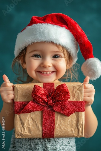 Copy space. Isolated white white baby girl in red festive hat with acation box in hands, on green background. Christmas studio photo. Professional gift wrapping. Studio holiday decor. photo