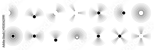 Sound wave. Radar effect icon. Line target signal or concentric circular pattern. Light audio graphic. Round air. Soundwave radial vibration. Sonar ripple. Vector geometric symbols set