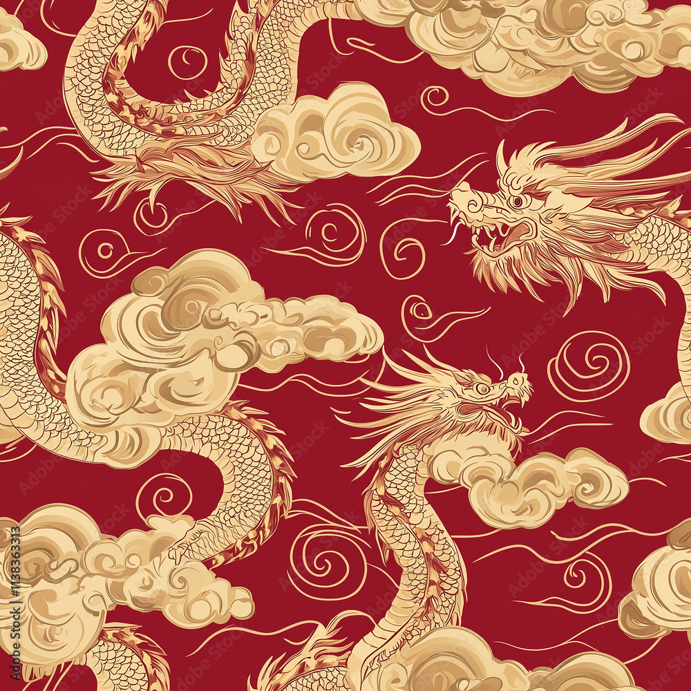 Seamless pattern of golden dragons and clouds chinese lunar new year celebration traditional design festive atmosphere artistic viewpoint Seamless pattern of golden dragons and clouds chinese lunar new year celebration traditional design festive atmosphere artistic viewpoint