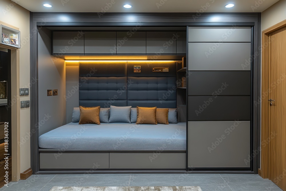 Modern built-in daybed with sliding doors and hidden storage in a contemporary bedroom. Modern built-in daybed with sliding doors and hidden storage in a contemporary bedroom.