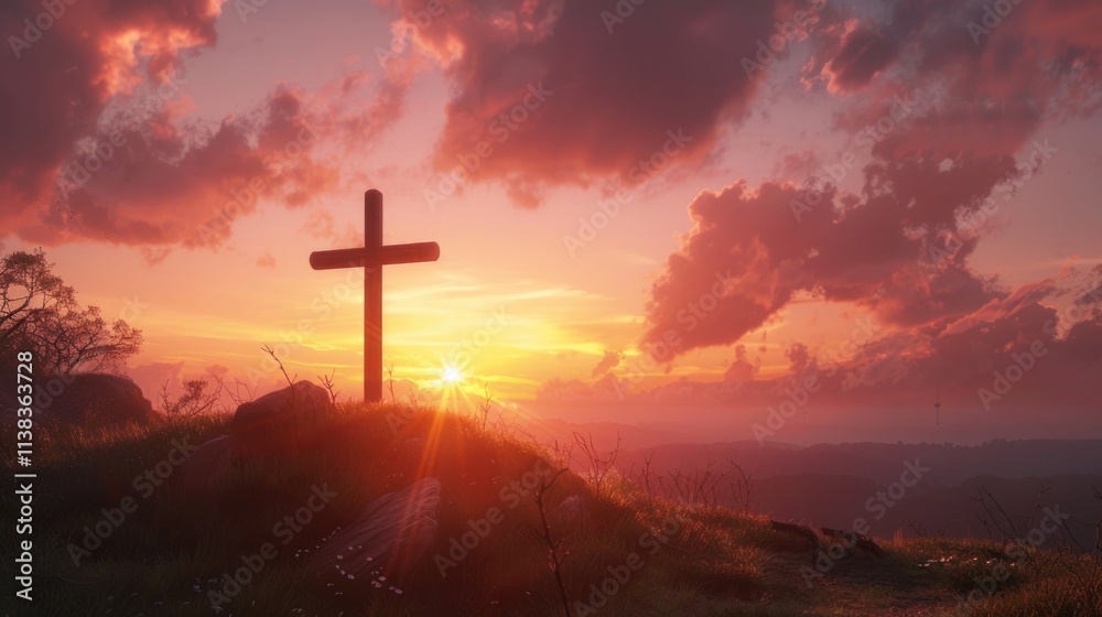 Cross And Sunrise. Holy Week with Crucifix Symbol at Sunrise Cross And Sunrise. Holy Week with Crucifix Symbol at Sunrise