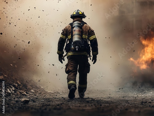 A firefighter walking into a collapsing building, representing heroic risktaking