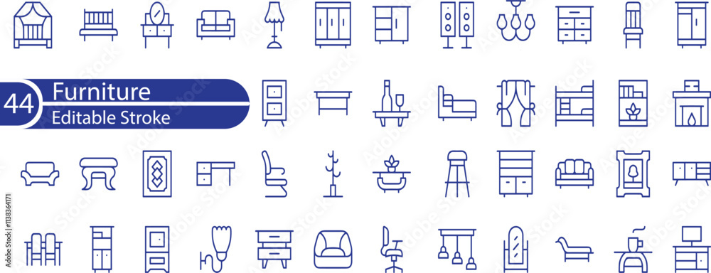 Furniture icon set. Containing sofa, chair, table, bed, lamp, wardrobe, mirror, desk and more Furniture icon set. Containing sofa, chair, table, bed, lamp, wardrobe, mirror, desk and more