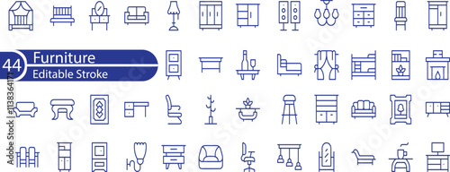 Furniture icon set. Containing sofa, chair, table, bed, lamp, wardrobe, mirror, desk and more