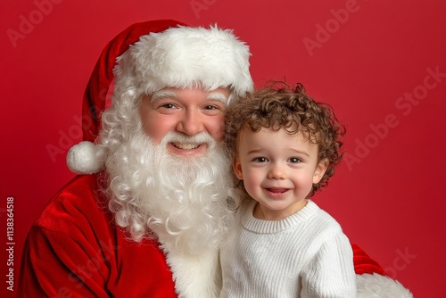 Isolated white toddler boy in santaâ€™s chair on red background. Joyful festive season, attractive toddler boy! copyspace. Christmas family santa design. Cute santa lap idea. Red kid photo. photo