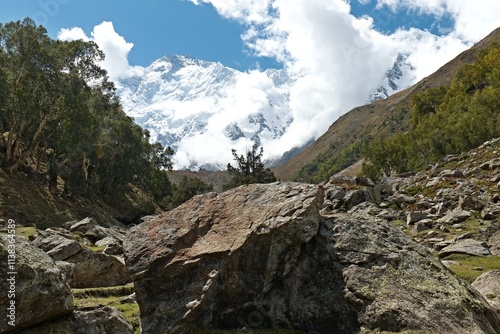 View of the Nanga Parbat mountain massif, North peak 7,816 meters high from Behal village. Rakhiot valley. Himalayan mountains. Gilgit-Baltistan region. Pakistan. Asia. photo