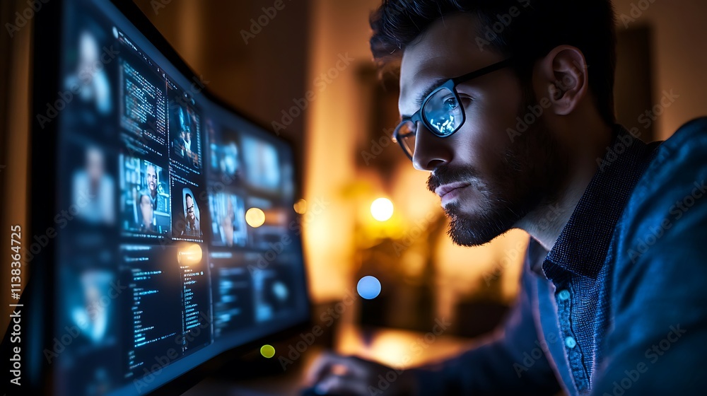 Focused programmer working late on computer coding project. Focused programmer working late on computer coding project.