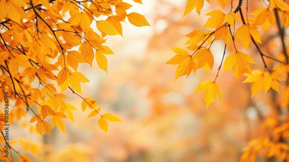 Golden autumn leaves against a soft-focus background of warm colors, creating a natural frame for nature's beauty Golden autumn leaves against a soft-focus background of warm colors, creating a natural frame for nature's beauty