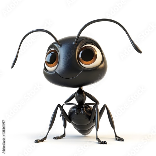 3D cartoon black ant character with big eyes and cute design photo