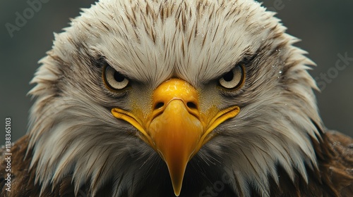 Close-up of an angry bald eagle's head, focused and intense gaze. photo