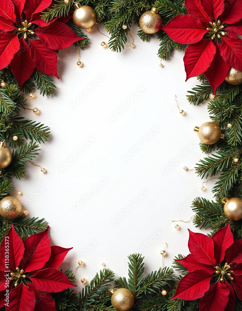 A creative Christmas flat lay with a spruce frame, red poinsettias, gold baubles, and sparkling fairy lights, surrounding an empty white center for copy or designs. A creative Christmas flat lay with a spruce frame, red poinsettias, gold baubles, and sparkling fairy lights, surrounding an empty white center for copy or designs.