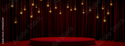 A red stage with a round podium and hanging light bulbs, set against the background of a velvet curtain photo