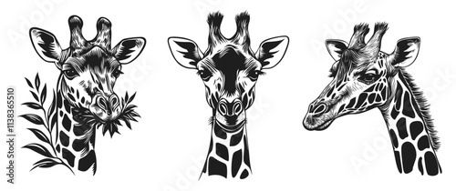 Giraff portraits set. Savanna wild animal. Front and side view. Giraffe chews leaves. Design element for zoo safari banner poster. Simple silhouette linocut black and white style. Isolated vector on