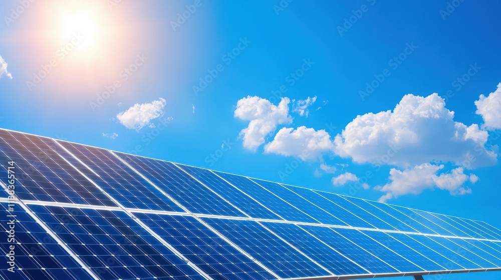 Bright Solar Panels Under Clear Blue Sky with Sunlight and Fluffy Clouds for Renewable Energy Concepts Bright Solar Panels Under Clear Blue Sky with Sunlight and Fluffy Clouds for Renewable Energy Concepts